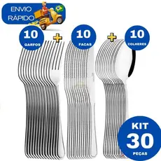 Kit 30 Peças Jogo de Talher Mesa Cozinha 10 Colher 10 Garfo 10 Faca de Inox Faqueiro Conjunto Restaurante Lanchonete