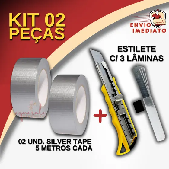 Kit Estilete Profissional + 2 Fitas Silver Tape Multiuso 5 Metros 45mm Resistente Á Prova D'agua Reparos
