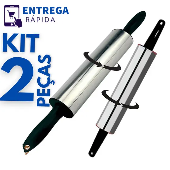 Kit Rolo de Massa em Aço Inox de 37.5cm Cilindro de Abrir Massa