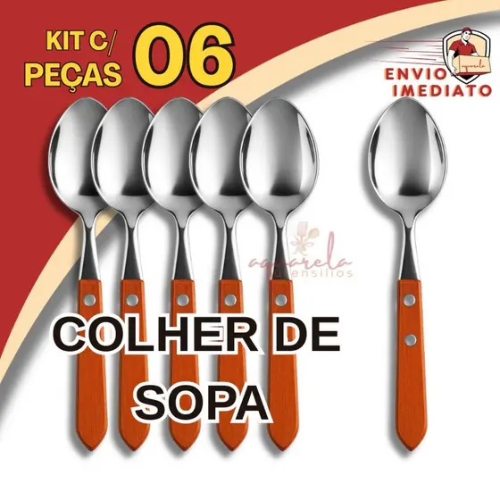 Kit 6 Colher de Sopa Aço Inox Cabo Madeira Serrilhada Cozinha Comida Talher Madeira