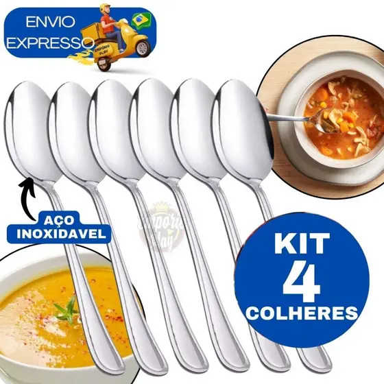Kit 4 Colher de Sopa Talher de Mesa Cozinha em Inox para Casa Restaurante Lanchonete Padaria Churrascaria