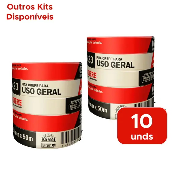 Kit 10 Rolos Fita Crepe 24x50 Pintura Residencial Fácil Remoção