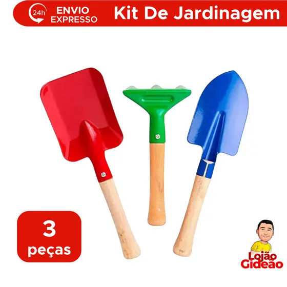 Kit 3 Ferramentas para Jardim Pá Larga Fina e Ancinho Garfo Jardinagem Transplantador Para Plantar