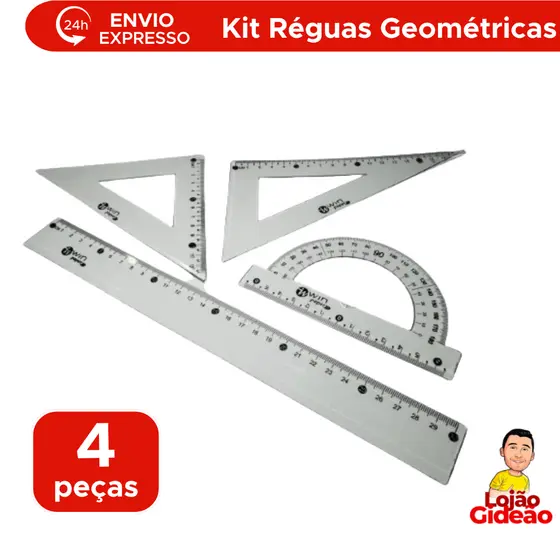 Kit Geométrico De Réguas Com 4 Peças Escolar Resistente Cristal Transparente
