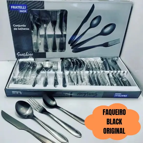 Kit Faqueiro Jogo Talheres Black Preto Fosco Aço Inox 24 Peças Sunshine Oferta Promoção