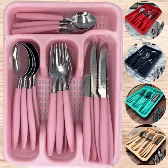 Jogo De Talheres Rosa Premium Inox Com 24 Peças + Suporte Gaveteiro Faca Garfo Colher ENVIO IMEDIATO