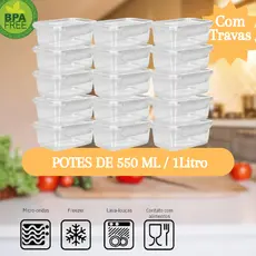 Kit Marmitas Fitness Pote 550ML / 1 Litro Freezer E Microondas Potes Plásticos Com Travas Grande