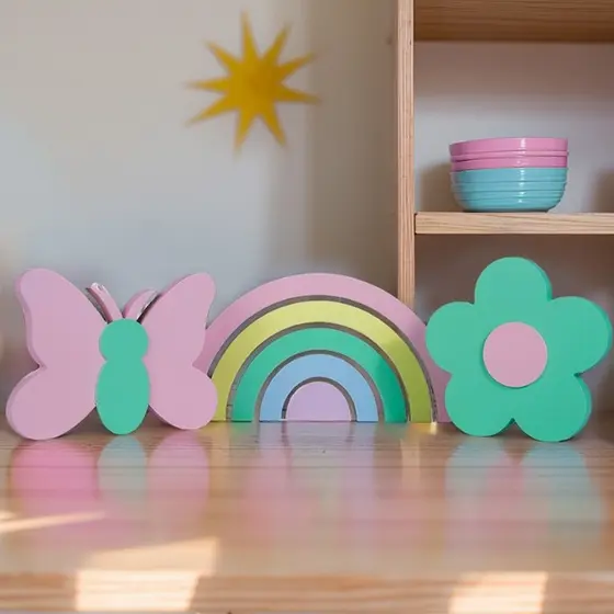Kit Enfeites Arco Íris Flor Borboleta Para Prateleira Mesa Decoração Quarto Infantil Bebe Mdf
