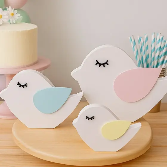 Kit 3 Passarinhos Coloridos em MDF Decoração Festa Infantil Jardim Encantado Quarto
