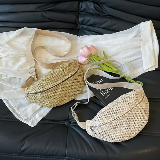 Bolsa Palha Meia Lua Chic Casual Verão pochete lateral minimalista[2543]