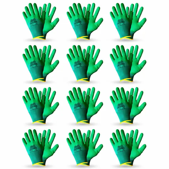 Kit 12 Pares Luva RubberGrip Verde – Luvas Corrugado Coleta de Lixo, Jardinagem e Trabalho!