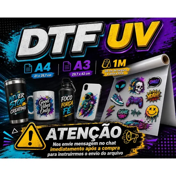 Adesivo DTF UV Premium | Verniz Brilho | Personalizado | Fácil Aplicação