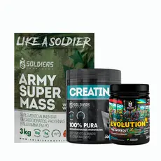 Kit: Hipercalórico Army Super Mass 3kg + Creatina 300g + Pré Treino Evolution Pré Workout 300g Soldiers Nutrition Força