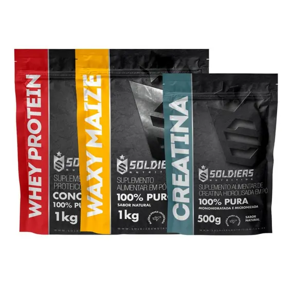 Kit: Whey Protein Concentrado 1kg + Creatina 500g + Waxy Maize 1kg Soldiers Nutrition Força Performance