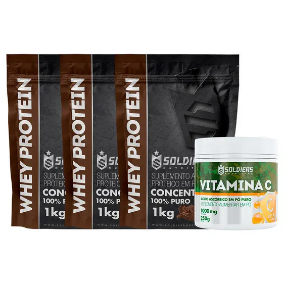 Kit: Whey Protein Concentrado 3kg + Vitamina C 250g Soldiers Nutrition Proteína Muscular