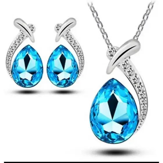 Conjunto de Colar e Brincos Formato de Gota com Pingente Cor Prata Presente para namorada Azul Claro