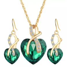 Conjunto de Colar e Brincos Formato de Coração com Pingente Dourado Presente Dia Dos Namorados Verde