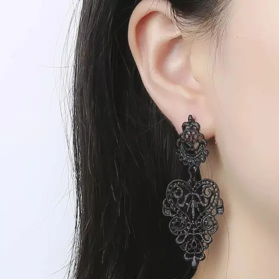 Brincos de flor renda na cor Preto Feminino Grande Presente de natal