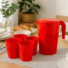 Kit Suco 1 Jarra de 1,5 litros com 4 Copos de 400 ml Cozinha Vermelho Presente Chá de Panelas