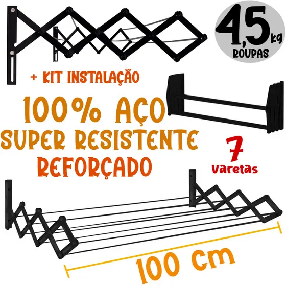 Varal Sanfonado Parede Retrátil 1 Metro Aço Preto Secalux