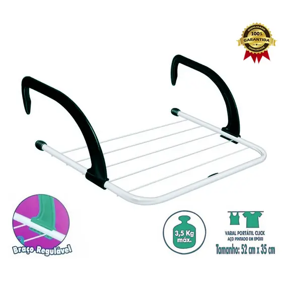 Varal de Janela Portátil Porta Apartamento Seca Roupa Branco Click Regulável 3,5kg Secalux Nacional