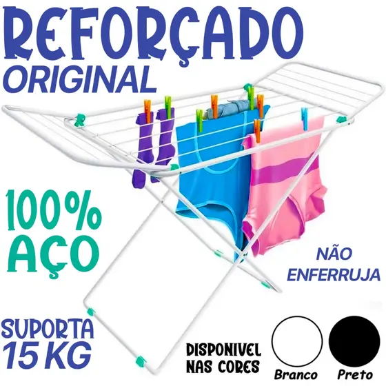 Varal de Chão com Abas Reforçado Aço Dobrável Miami Branco Preto Azul Cortelux