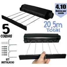 Varal Retratil Parede Automatico Com 5 Cordas Preto Extensível 4,1 m Rotoflex Secalux
