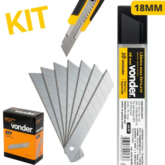 Kit Lâmina para Estilete Larga 18mm Vonder Profissional Reforçada Segmentada Original Atacado