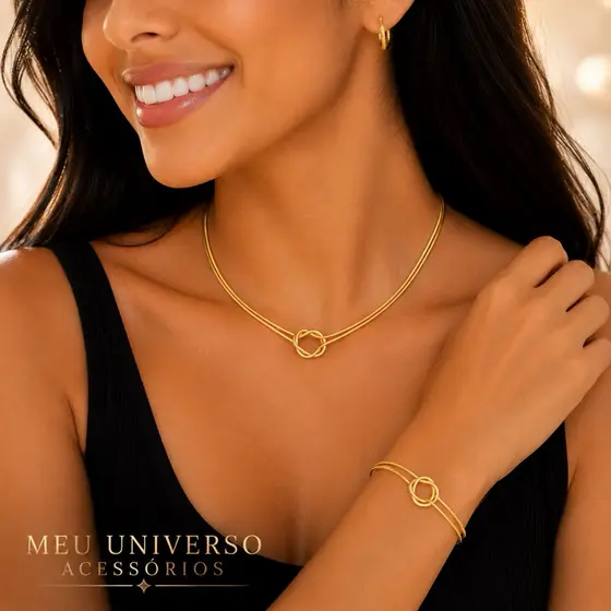 Kit Colar e Pulseira Nó Nozinho Maleável Banhado a Ouro 18k Conjunto  Folheado a prata925