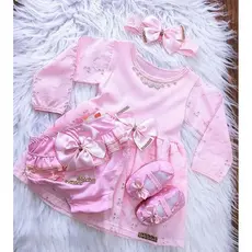 vestido para bebê com laço sapatinho e calcinha tapa fralda 4 peças.