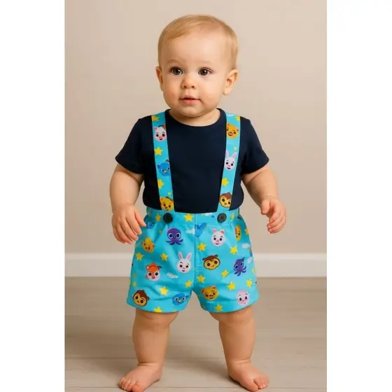 conjunto jardineira e camiseta Bolofofos menino 8 a 18 meses