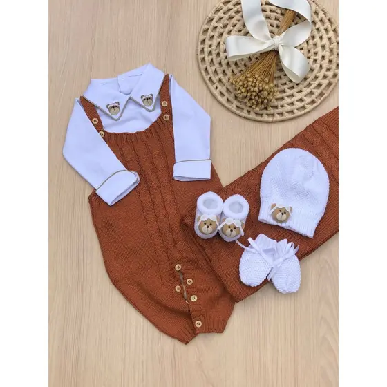 Saída de Maternidade Menino Jardineira Ursinho Aviador Tricot 6 Peças - Dinhos Baby