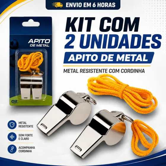 Kit 2 Apitos de Metal Profissional com Cordão Árbitro Juiz Futebol Futsal Vôlei Basquete Educação Física