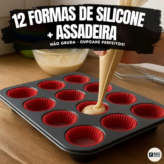 Forma para Cupcake 12 Cavidades com Formas de Silicone Assadeira Antiaderente Muffin