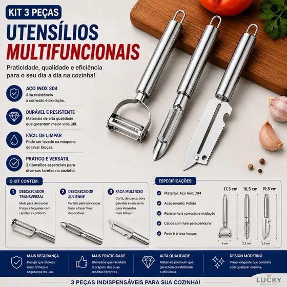 Kit 3 Descascadores Inox Legumes Frutas Escama Peixe Queijo