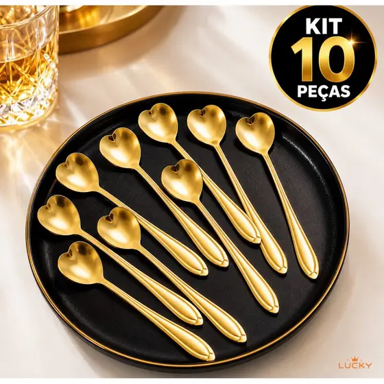 Kit 10 ou 5 Colheres Coração Dourada luxo inox Café Sobremesa