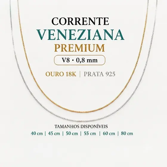 Corrente Cordão Gargantilha Veneziana Feminina ou Masculina Semijoia Banhada com Garantia
