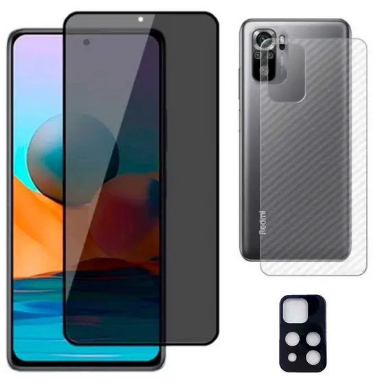 Kit 3x1 Película Frontal Privacidade Redmi Note 11 Pro 5G + Película Traseira Fibra + Película de Câmera