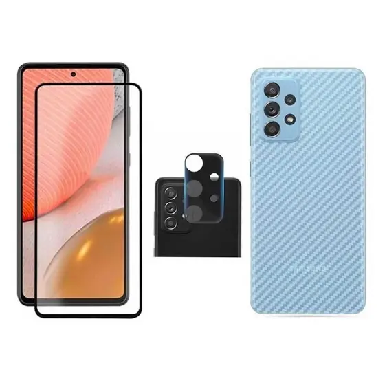 Kit 3x1 Película 5D 9D Frontal Galaxy A72 + Película Traseira Fibra + Película de Câmera