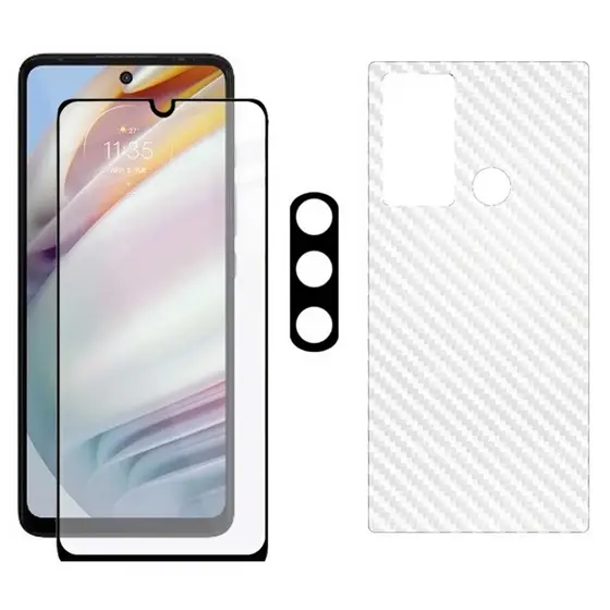 Kit 3x1 Película Frontal 5D Cerâmica para Moto G60 + Película Traseira + Película de Lente Câmera
