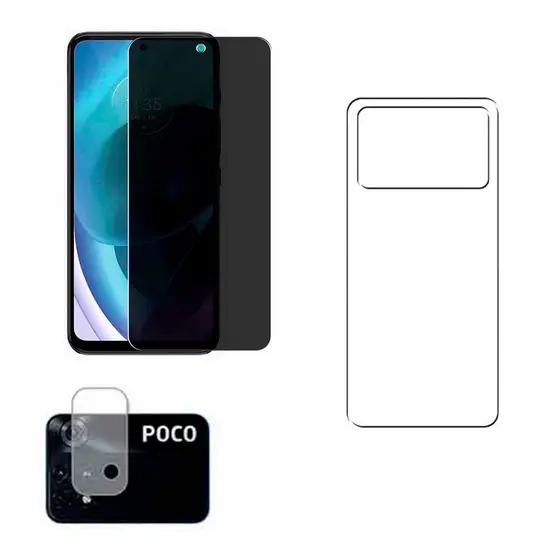 Kit 3x1 Película Privacidade Frontal Poco X4 Pro 5G + Película Traseira Transparente + Película Câmera