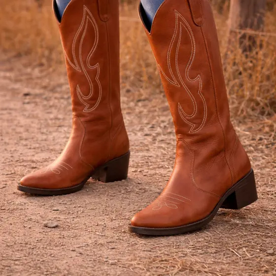 Bota Country Texana Feminina Cano Alto Bordada Bico Fino Salto Baixo Western Couro Eco com Zíper