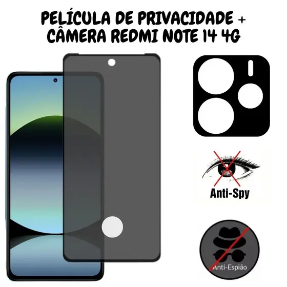 Película Privacidade Redmi Note 14 4G C/Furo Para Biometria + Película Para Câmera