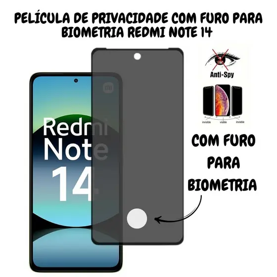 Película Privacidade Vidro 3D Para Redmi Note 14 4G / 5G - Com Furo Para Biometria