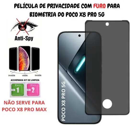 Película de Privacidade Vidro Xiaomi Poco X8 PRO 5G - Com Furo Para Biometria