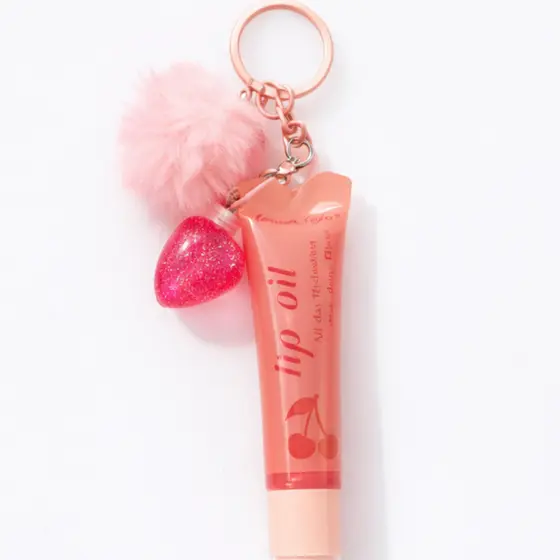 Lip Oil Hidratante com Chaveiro Pompom Rosa – Gloss Labial Brilho Efeito Natural