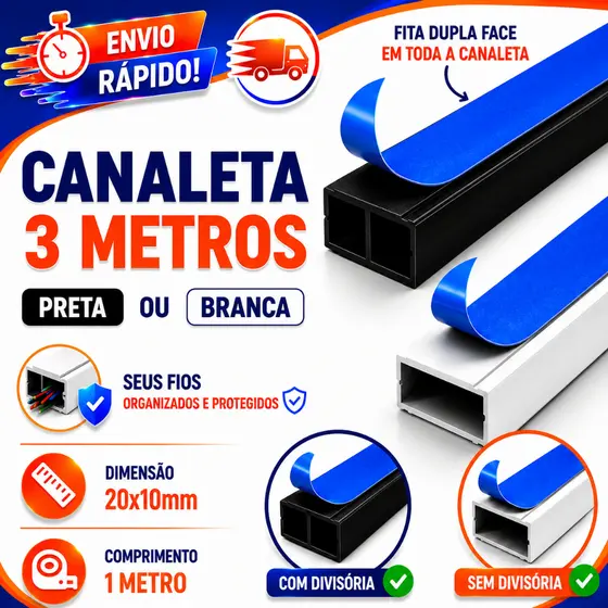 3 Canaleta Organizador de Fios 20x10mm Sistema X Com Fita Adesiva e Acabamentos