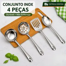 Kit Inox Elegante 4 Peças, Colher de Arroz, Concha, Escumadeira, Espátula Vazada, Utensílios Cozinha