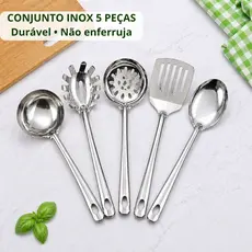 Kit Conjunto Inox 5 Peças, Colher de Arroz, Concha, Pegador de Massas, Escumadeira, Espátula Vazada