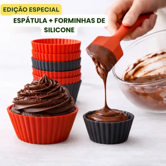 Kit Confeitaria Silicone Espátula Pão Duro 27 Cm + Forminhas Cupcake Antiaderente